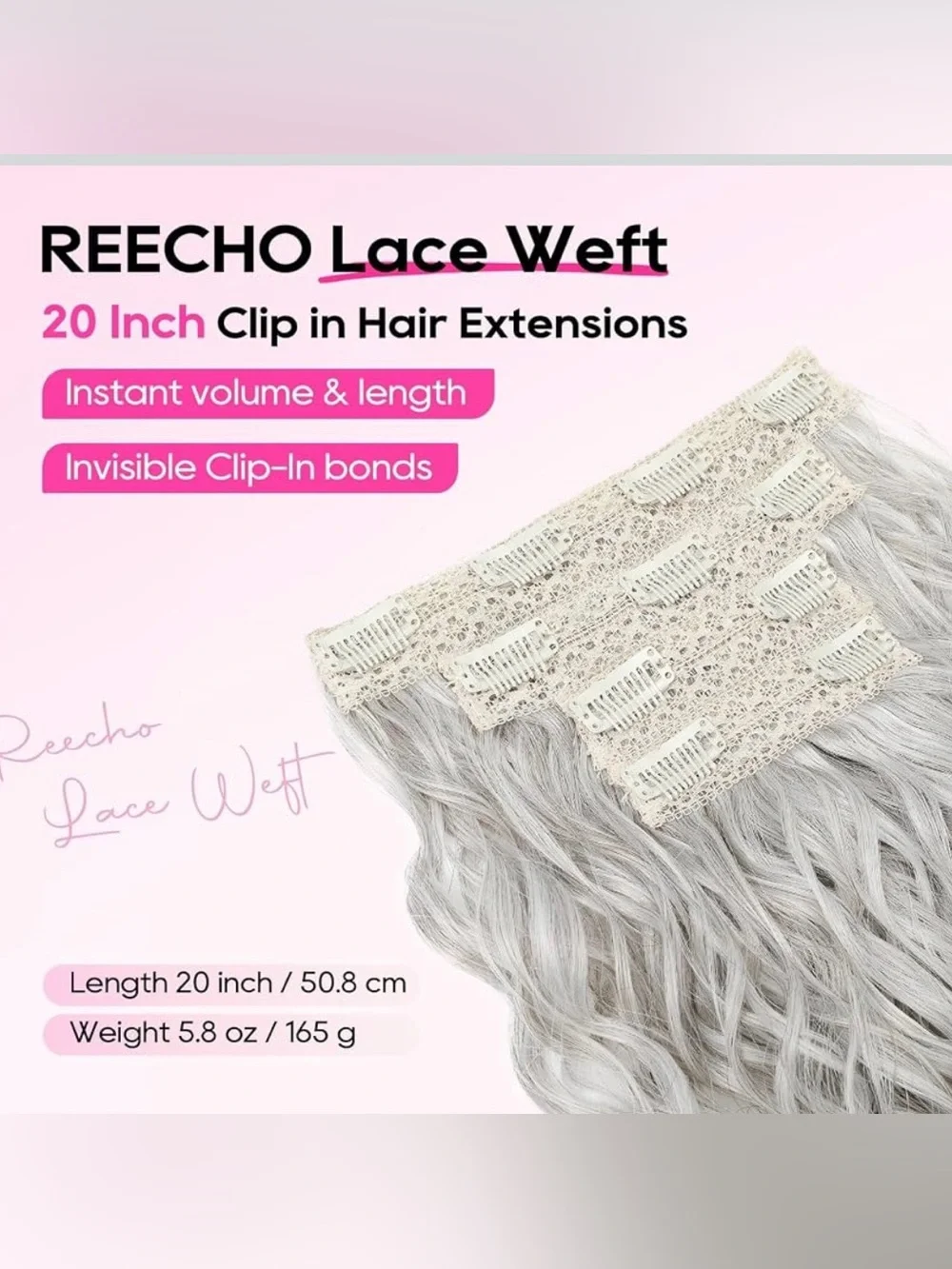 Curly 4-Pc Hair Extensions Silver Gray Lace Weft Clip Ins - 20”